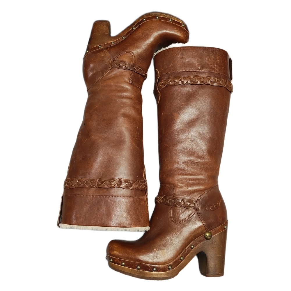 UGG Savanna Knee High Boots Womens Size 6 Brown Sheepskin Lined Studded Detail
